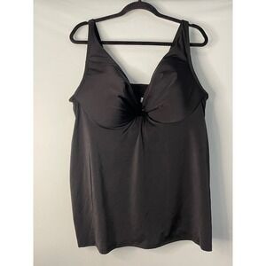 Cacique Swim Black Tankini Swim Top Tummy Control Bra Support Plunging Neck 42DD